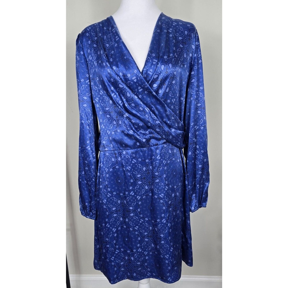 SOI PARIS Dress Surplice Neck Paisley Geometric Blue Cupro Rayon SZ EU 42 US L